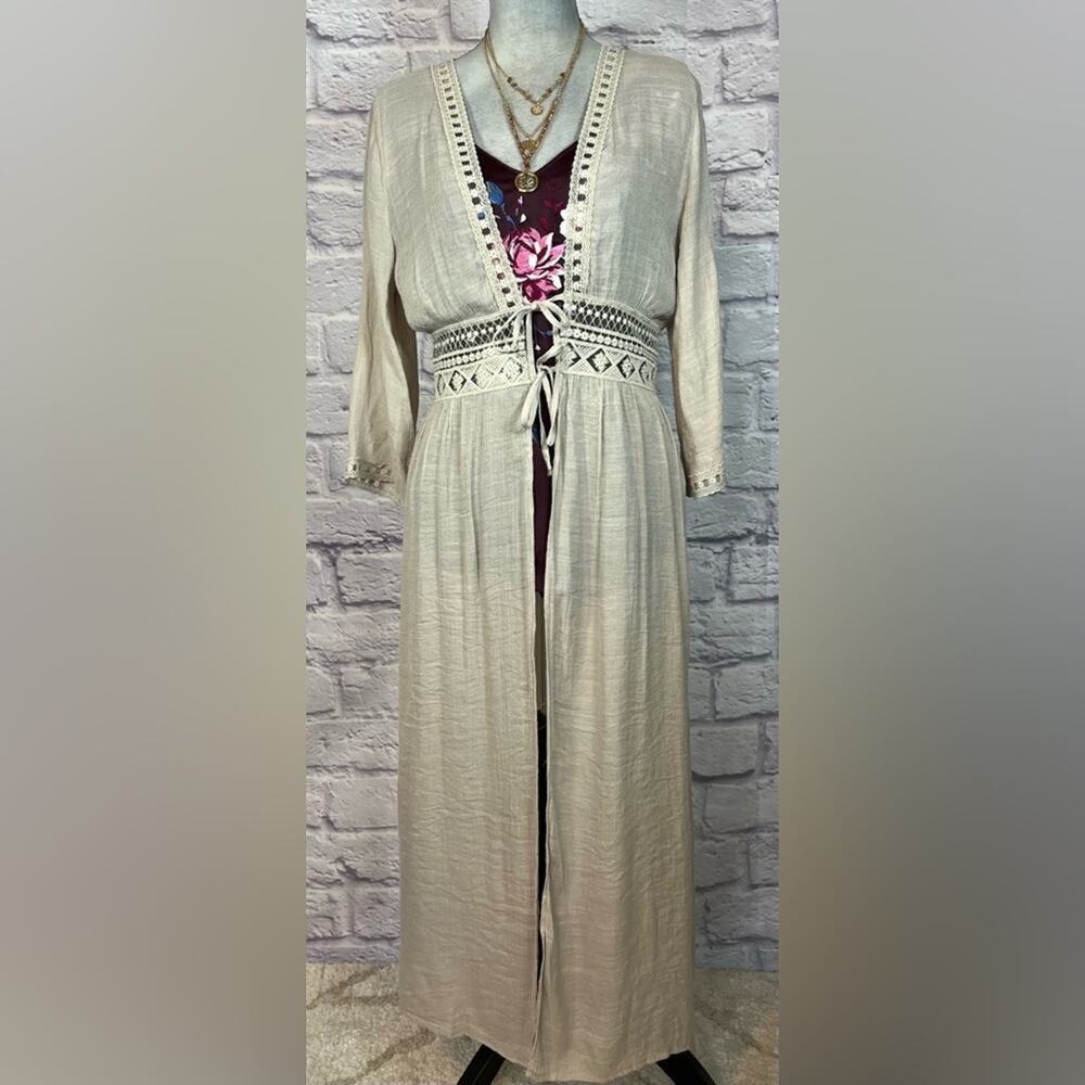 Rebellion Cream Long Open Cardigan with Embroidered Details - Picture 2 of 8
